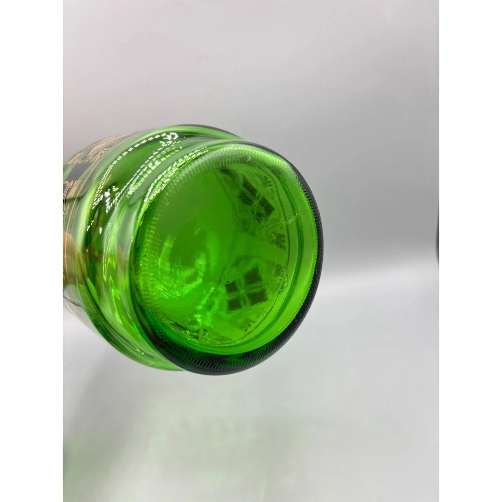Vintage Green Glass Decanter Set 6 Shot Glasses Gold Geometric Pattern MCM EMPTY